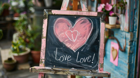The back of a pink love heart-shaped chalkboard on an easel, with a handwritten message of love.の素材