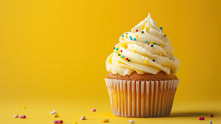 Yellow background with a deliciously frosted cupcake, ideal for bakery and dessert themes.の素材