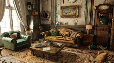 Vintage-style living room with antique furniture and retro decorations, evoking nostalgia.の素材