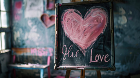 The back of a pink love heart-shaped chalkboard on an easel, with a handwritten message of love.の素材
