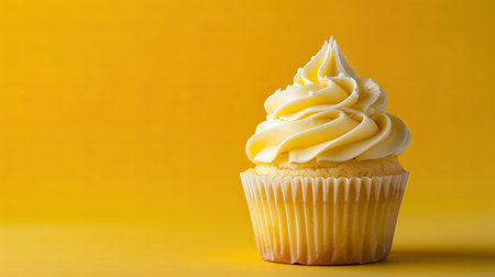 Yellow background with a deliciously frosted cupcake, ideal for bakery and dessert themes.の素材