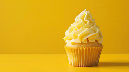 Yellow background with a deliciously frosted cupcake, ideal for bakery and dessert themes.の素材