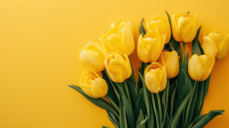 Yellow background with a beautiful bouquet of yellow tulips, representing freshness and beauty.の素材