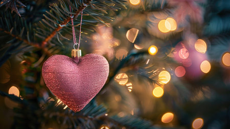 The back of a pink love heart-shaped ornament hanging on a Christmas tree, with twinkling lights.の素材