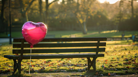 The back of a pink love heart-shaped balloon tied to a park bench, with a serene park scene in the background.の素材