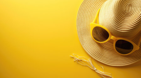 Stylish yellow background with trendy sunglasses and a hat, ideal for summer fashion and travel promotions.の素材