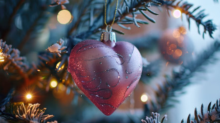 The back of a pink love heart-shaped ornament hanging on a Christmas tree, with twinkling lights.の素材