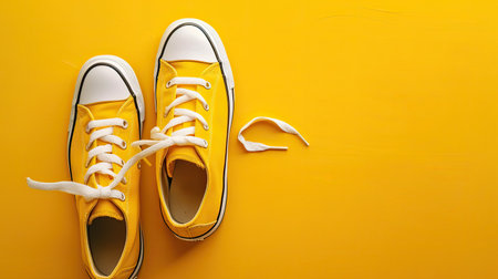 Yellow background with a stylish pair of sneakers, capturing an active and sporty lifestyle.の素材