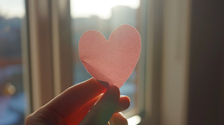 The back of a pink love heart-shaped paper cutout held up against a sunny window, casting a shadow.の素材
