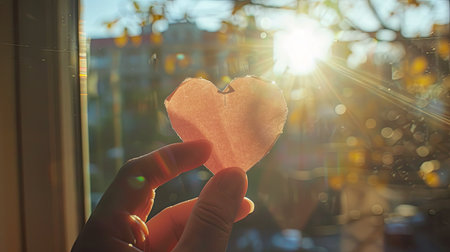 The back of a pink love heart-shaped paper cutout held up against a sunny window, casting a shadow.の素材