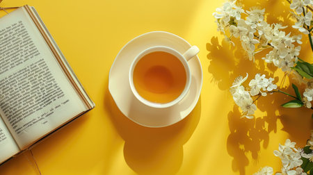 Yellow background with a cozy cup of tea and a book, creating a warm and inviting atmosphere for relaxation.の素材