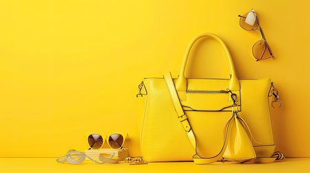 Yellow background with a chic handbag and accessories, perfect for fashion and lifestyle promotions.の素材