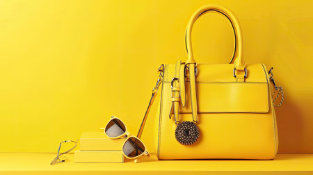 Yellow background with a chic handbag and accessories, perfect for fashion and lifestyle promotions.の素材