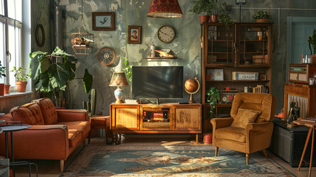 Vintage-style living room with antique furniture and retro decorations, evoking nostalgia.の素材