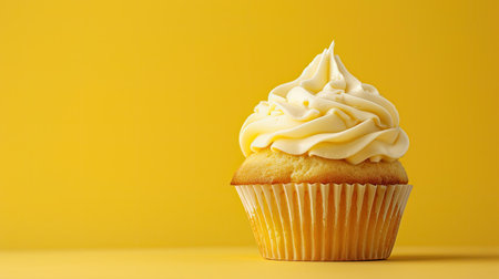 Yellow background with a deliciously frosted cupcake, ideal for bakery and dessert themes.の素材
