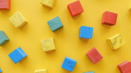 Yellow background with a playful arrangement of toy blocks, symbolizing creativity and childhood.の素材