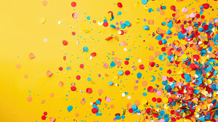 Yellow background with a playful arrangement of colorful confetti, perfect for festive and celebratory designs.の素材