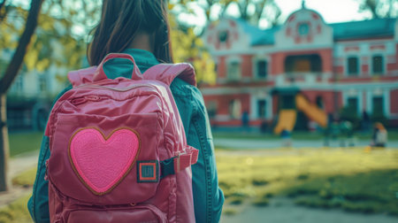 The back of a pink love heart-shaped patch on a backpack, with a schoolyard in the background.の素材
