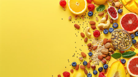 Yellow background with a flat lay of healthy snacks like nuts, fruits, and seeds, promoting a balanced diet.の素材