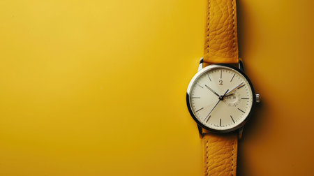 Yellow background with an elegant wristwatch, symbolizing style and punctuality.の素材