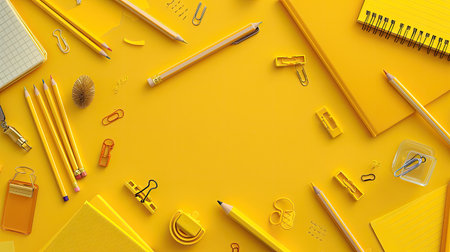 Yellow background with various school supplies like pencils, erasers, and notebooks, perfect for back-to-school themes.の素材