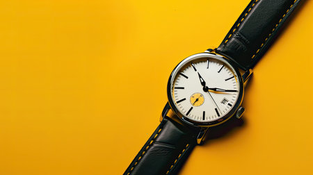 Yellow background with an elegant wristwatch, symbolizing style and punctuality.の素材
