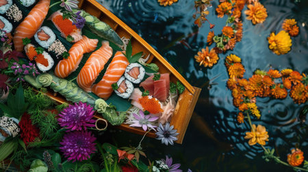 Top view of a sushi boat with salmon sashimi, nigiri, and assorted sushi rolls, garnished with fresh herbs and edible flowers. Suitable for grand and festive dining experiences.の素材
