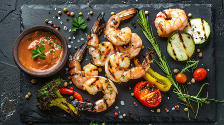 Top view of a succulent shrimp steak on a black slate board, surrounded by grilled vegetables and a side of dipping sauce. A gourmet meal presentation.の素材