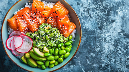 Top view of a vibrant poke bowl with marinated salmon, edamame, avocado, radishes, and sesame seeds on a bed of sushi rice. Ideal for trendy and healthy meal ideas.の素材