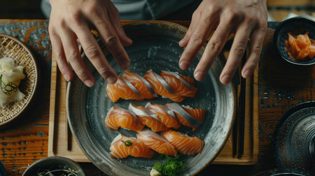 Top view of a sushi chef's hands carefully placing salmon sashimi on a serving plate, surrounded by other sushi ingredients. Great for culinary and food preparation themes.の素材