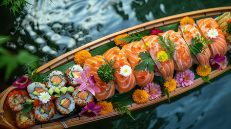 Top view of a sushi boat with salmon sashimi, nigiri, and assorted sushi rolls, garnished with fresh herbs and edible flowers. Suitable for grand and festive dining experiences.の素材