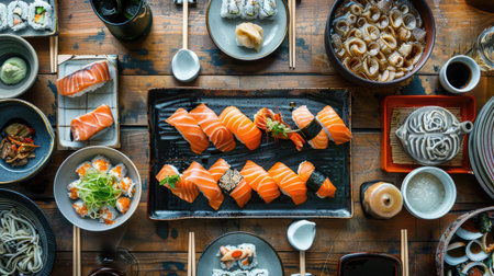 Top view of a traditional Japanese dining setting with salmon sashimi, sake, and assorted side dishes. Perfect for cultural and authentic dining experiences.の素材