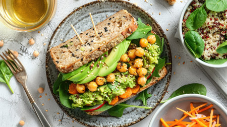 Top view of a vegan sandwich with mashed chickpeas, avocado, shredded carrots, and spinach on whole grain bread, served with a side of quinoa salad.の素材