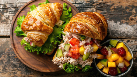 Top view of a tuna salad sandwich with lettuce and tomato on a croissant, paired with a small bowl of mixed fruit salad on a wooden table.の素材