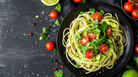 Top view of spaghetti with a creamy avocado and lime sauce, topped with cherry tomatoes and cilantro.の素材