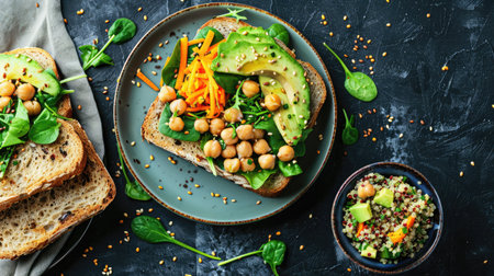 Top view of a vegan sandwich with mashed chickpeas, avocado, shredded carrots, and spinach on whole grain bread, served with a side of quinoa salad.の素材