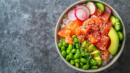 Top view of a vibrant poke bowl with marinated salmon, edamame, avocado, radishes, and sesame seeds on a bed of sushi rice. Ideal for trendy and healthy meal ideas.の素材