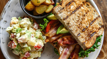 Top view of a turkey avocado sandwich with bacon, lettuce, and tomato on sourdough bread, accompanied by a side of potato salad.の素材