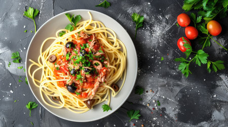 Top view of spaghetti with a spicy tuna and olive sauce, garnished with parsley.の素材