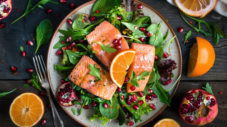 Top view of a vibrant salmon and citrus salad with mixed greens, pomegranate seeds, and a citrus vinaigrette. Ideal for fresh and zesty eating concepts.の素材