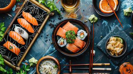 Top view of a traditional Japanese dining setting with salmon sashimi, sake, and assorted side dishes. Perfect for cultural and authentic dining experiences.の素材