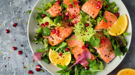 Top view of a vibrant salmon and citrus salad with mixed greens, pomegranate seeds, and a citrus vinaigrette. Ideal for fresh and zesty eating concepts.の素材