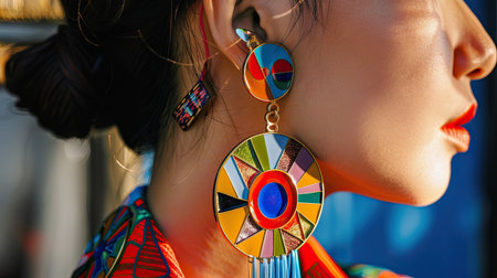 Trendy ear featuring bold, colorful enamel earrings, emphasizing their vibrant hues and stylish designの素材