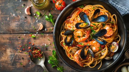 Top view of seafood spaghetti with mussels, shrimp, and clams in a white wine and garlic sauce.の素材