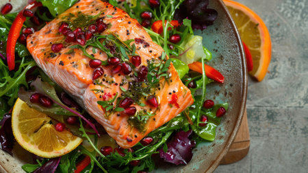 Top view of a vibrant salmon and citrus salad with mixed greens, pomegranate seeds, and a citrus vinaigrette. Ideal for fresh and zesty eating concepts.の素材