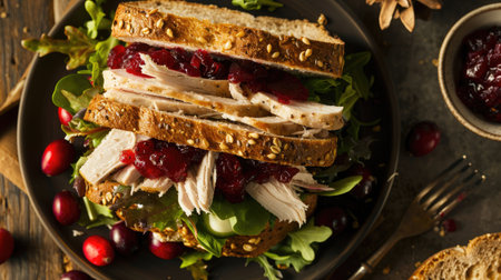 Top view of a turkey cranberry sandwich with roasted turkey, cranberry sauce, and cream cheese on multigrain bread, accompanied by a small salad.の素材