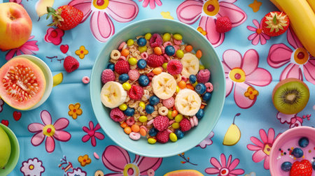 Top view of a vibrant breakfast scene with a bowl of colorful fruit-flavored cereal and milk, surrounded by fresh fruits and a cheerful tableclothの素材