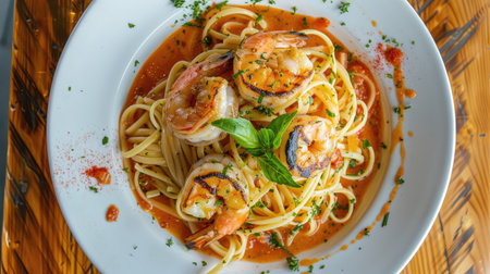 Top view of spaghetti with a garlic and herb butter sauce, topped with grilled shrimp.の素材