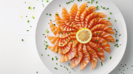 Top view of salmon sashimi arranged in a circular pattern on a white plate, garnished with lemon zest and chives. Ideal for artistic and visually appealing presentations.の素材