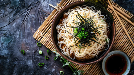 Top view of cold soba noodles with dipping sauce, garnished with nori and green onions on a bamboo mat.の素材